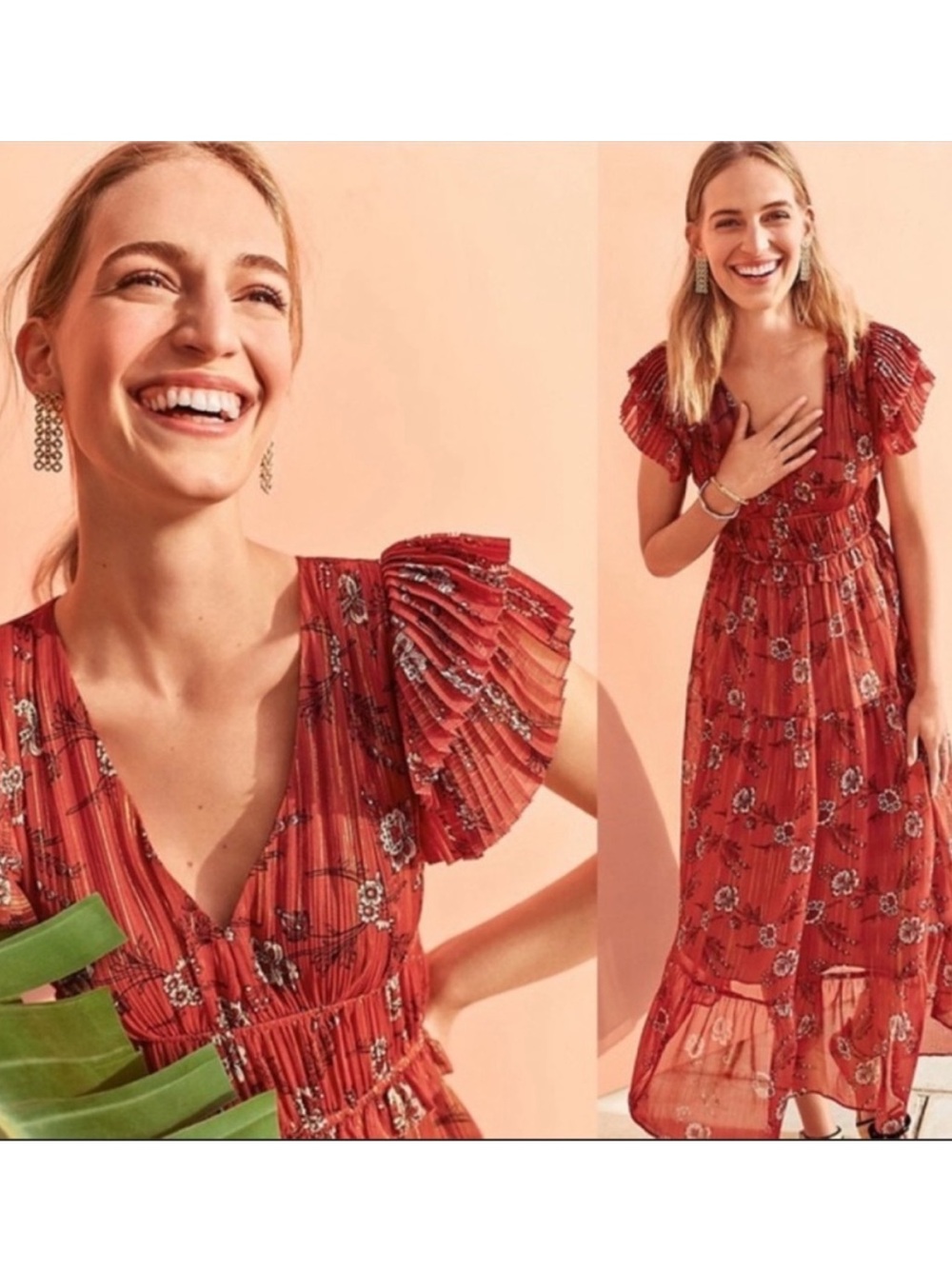Ann Taylor Flutter Sleeve Shimmer Floral Dress 14